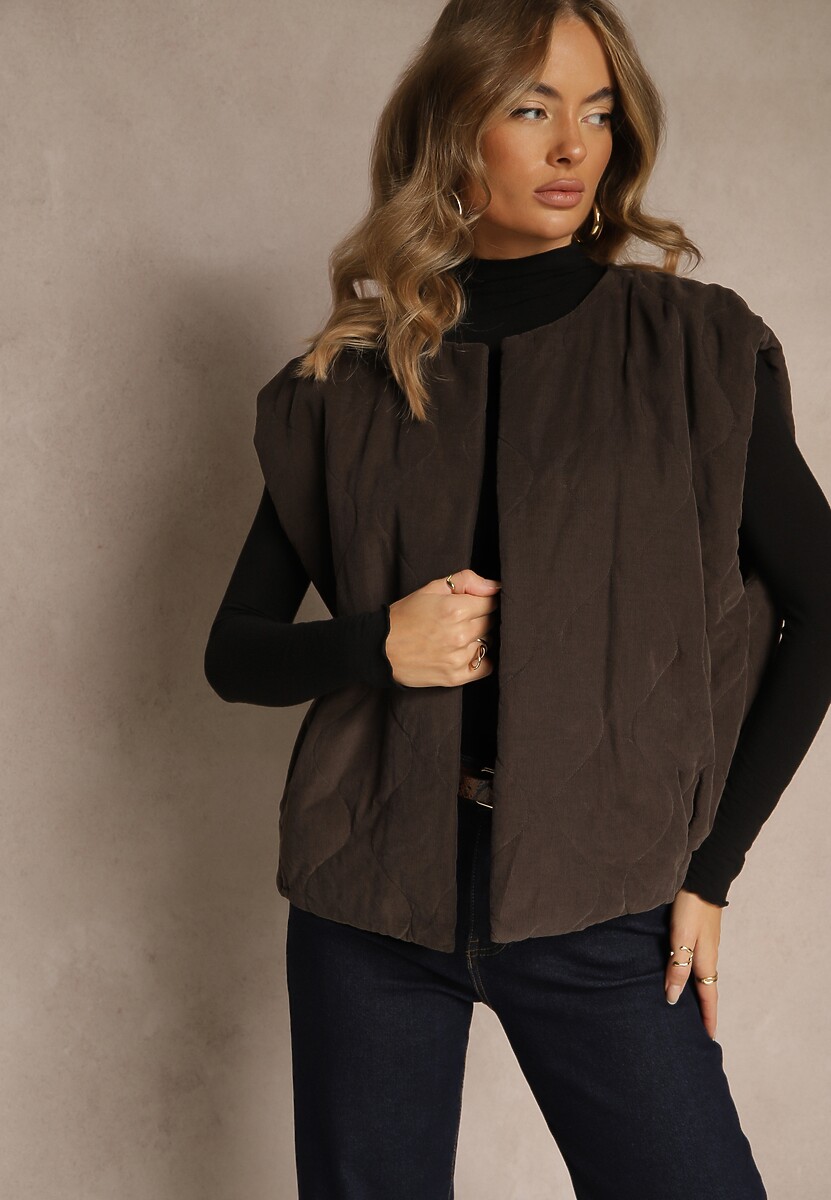 Brązowa Sztruksowa Kamizelka z Bawełny Bez Zapięć Tisanna