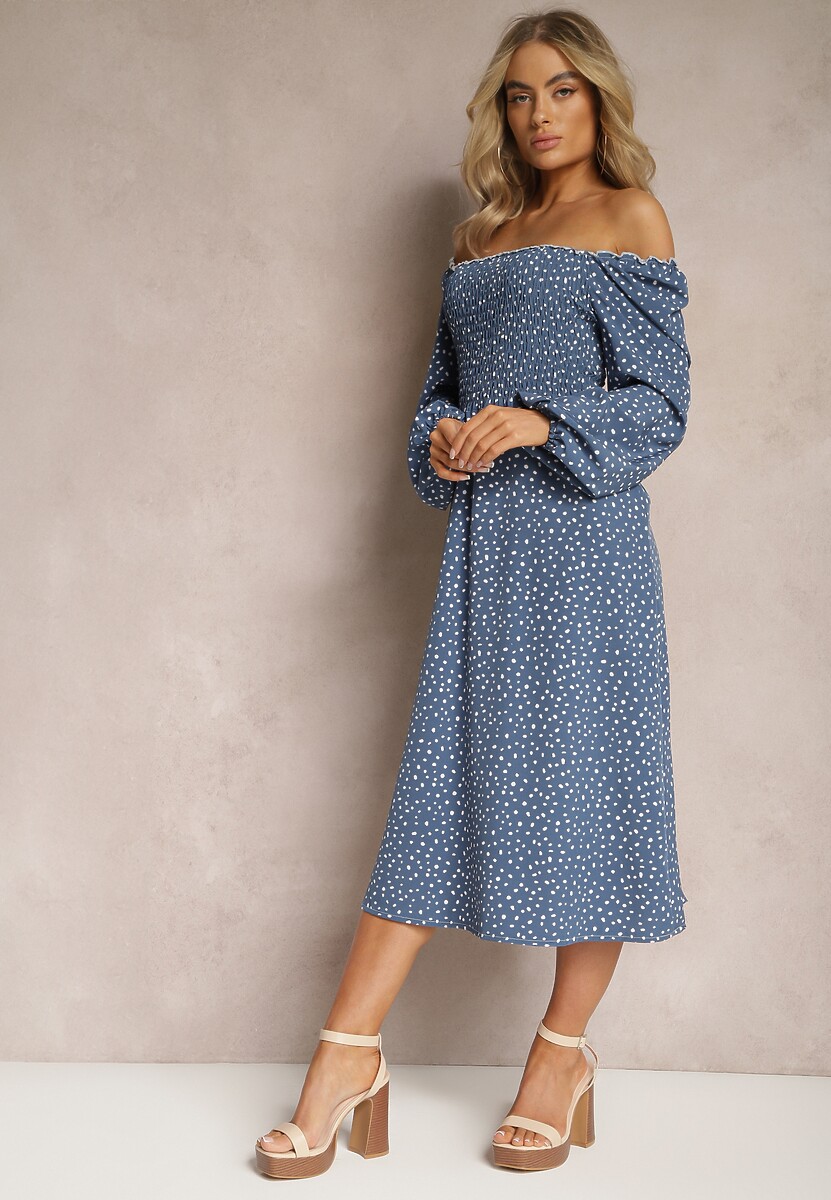 Granatowa Midi Sukienka Rozkloszowana w Kropki Gernia