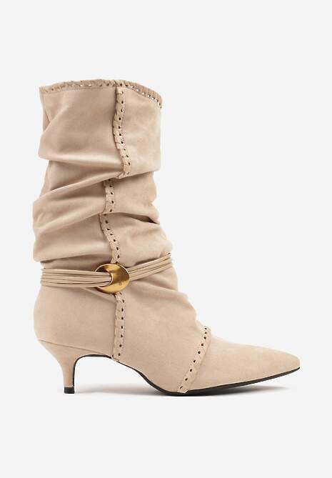 Beżowe Botki na Kaczuszce Slouchy Ozdobione Metaliczną Aplikacją i Sznurkiem Avodvire