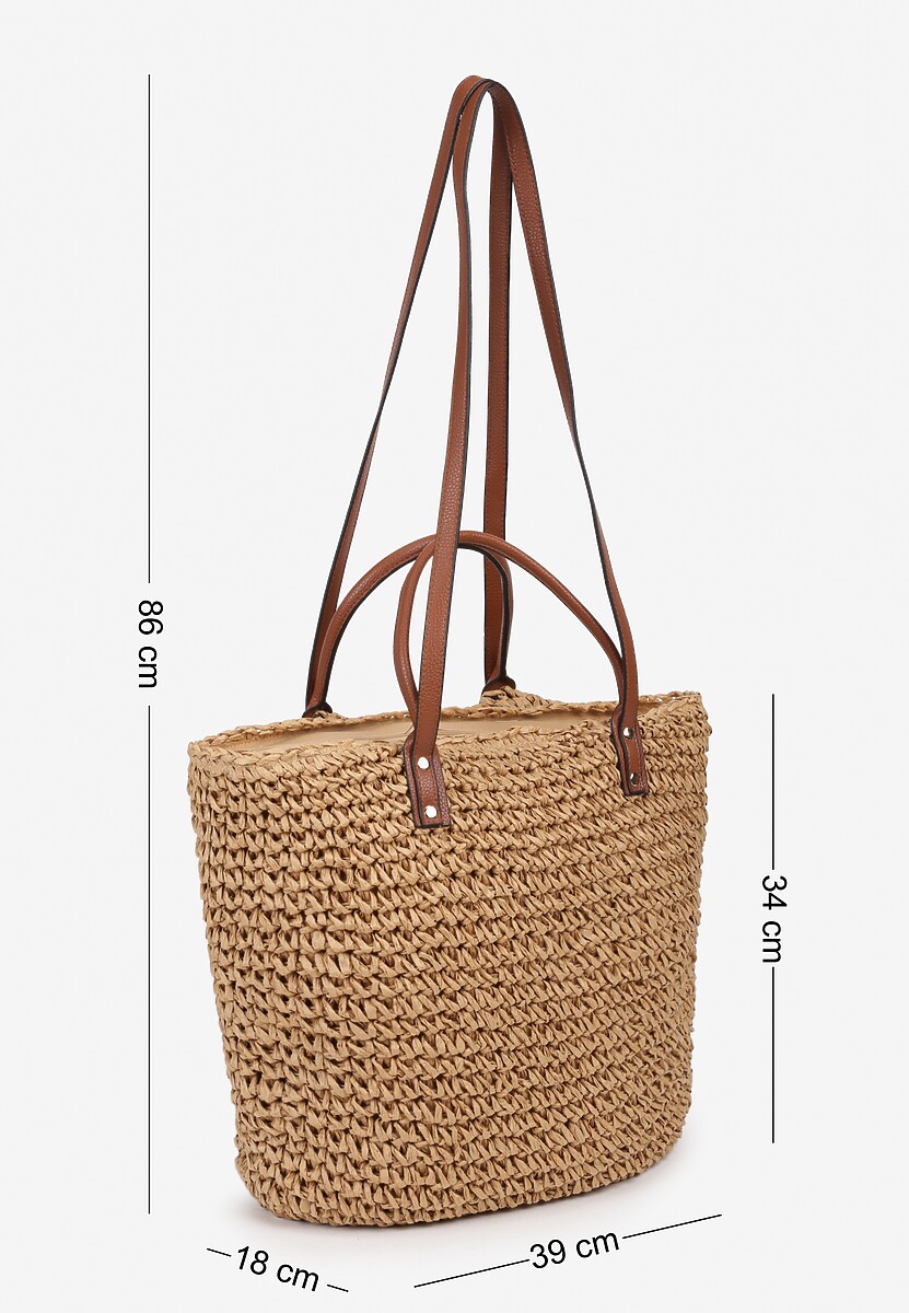 Beżowo-Brązowa Torebka z Plecionki z Dodatkową Kieszonką z Ekoskóry Cosina