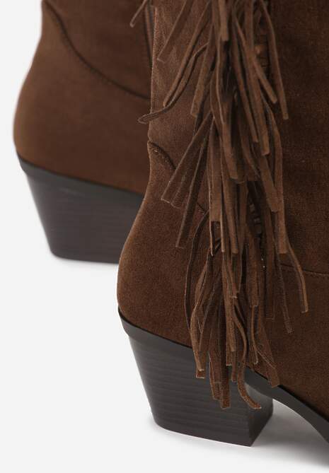 Brązowe Kozaki Kowbojki na Stożku Ozdobione Frędzlami Reianeva