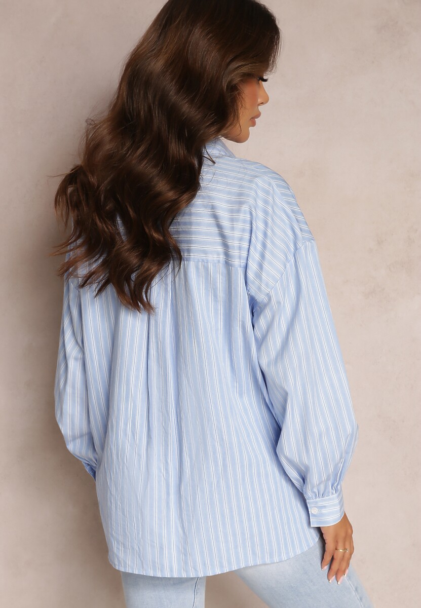 Niebieska Koszula z Rozszerzonym Dołem i Kołnierzem w Paski Anzle