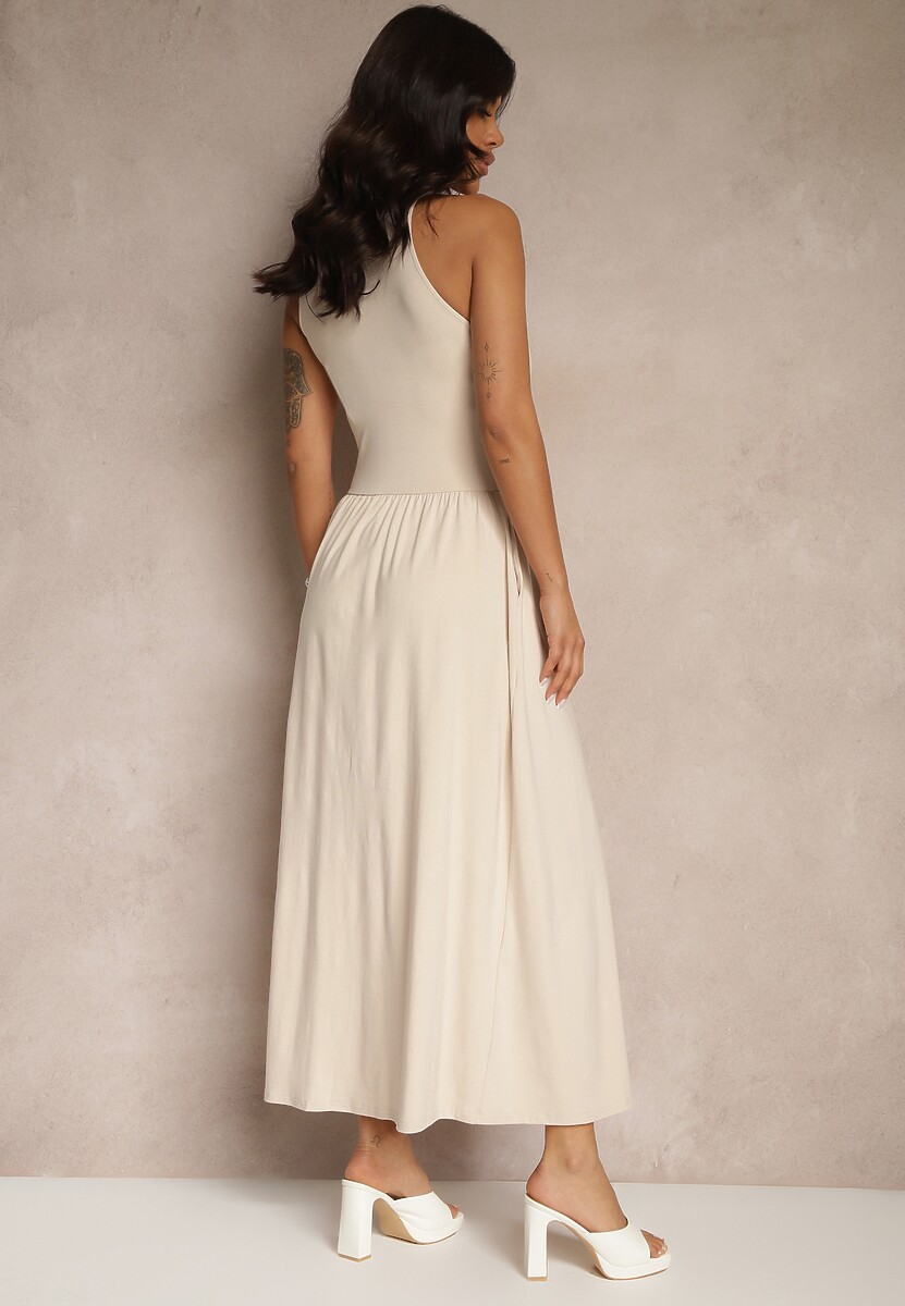 Jasnobeżowa Rozkloszowana Sukienka z Bawełny z Kieszeniami Lirevane