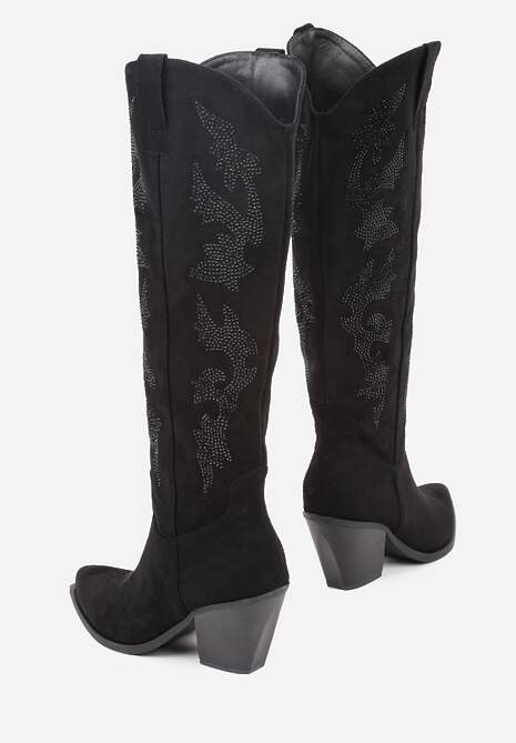 Czarne Kozaki Kowbojki na Stożkowym Obcasie z Aplikacją z Cyrkoniami Zevrine
