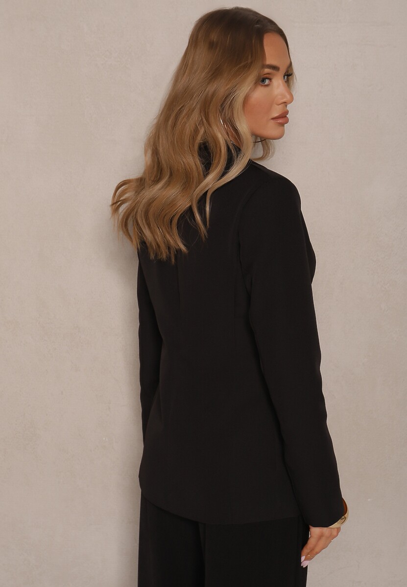 Czarna Marynarka z Usztywnionymi Ramionami i Imitacją Kieszeni Halonia