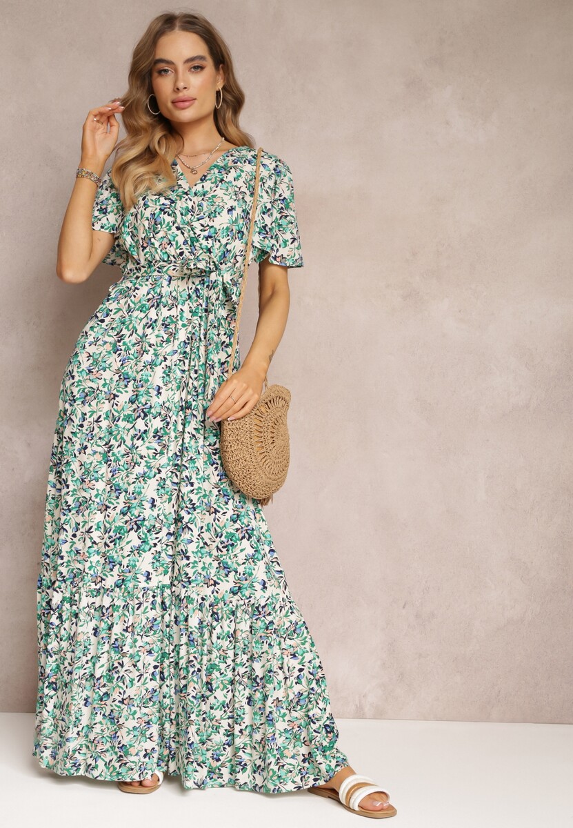 Zielona Sukienka Maxi z Wiskozy z Gumką i Materiałowym Paskiem w Talii Dionelia