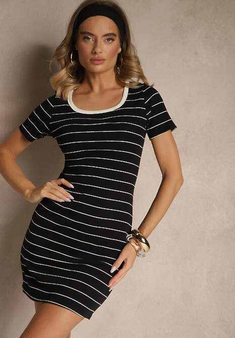 Czarna Dopasowana Sukienka z Bawełny z Motywem Pasków Ralessa