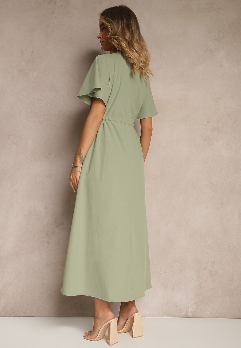 Zielona Rozkloszowana Sukienka z Bawełny w Stylu Boho z Ozdobnym Haftem Sersena