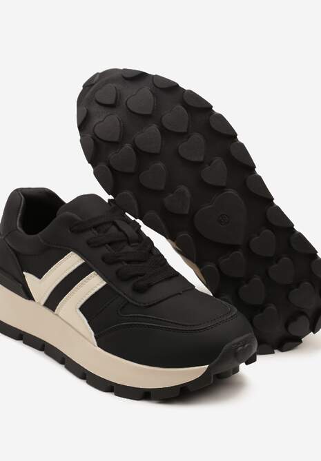 Czarno-Beżowe Sneakersy na Grubej Podeszwie Zdobione Przeszyciami Lulline