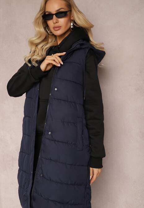 Granatowa Pikowana Kamizelka Bezrękawnik o Przedłużonym Fasonie z Kapturem Tawari