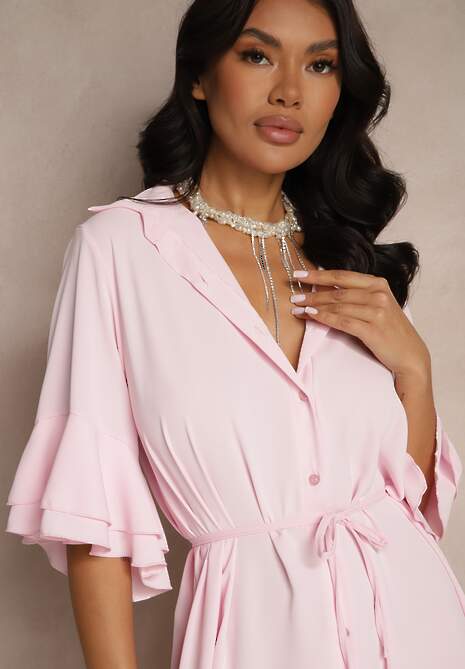 Różowa Koszulowa Sukienka Ozdobiona Falbanką Ransara