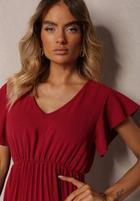 Bordowa Rozkloszowana Sukienka z Plisami i Dekoltem w V Rissari
