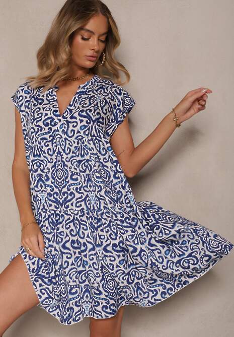 Niebieska Rozkloszowana Sukienka z Bawełny o Fasonie Oversize Liranda