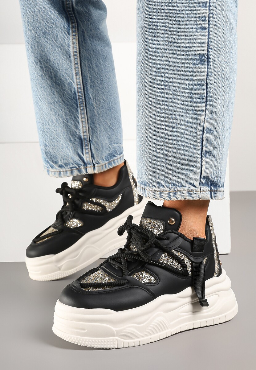 Czarne Sneakersy w Streetwearowym Stylu na Tłoczonej Platformie z Brokatem Mailienne