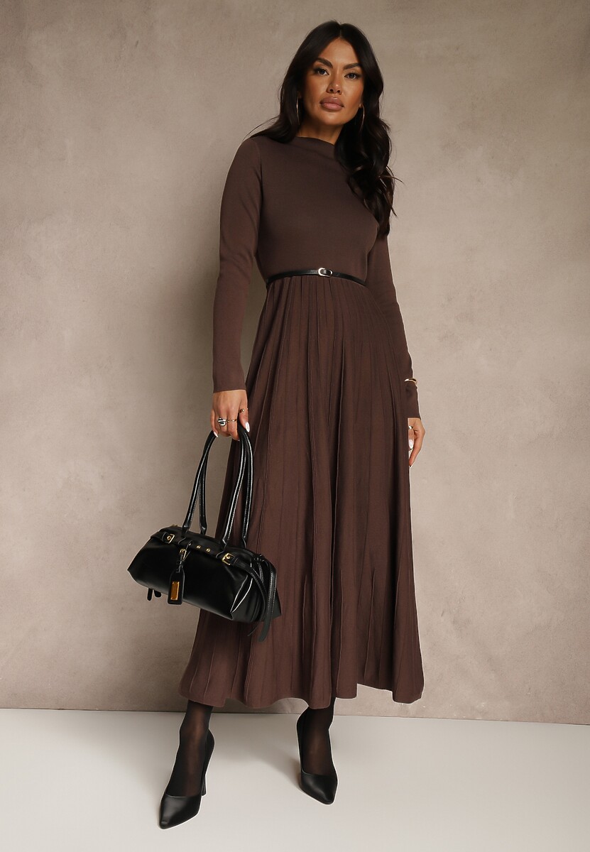 Brązowa Dzianinowa Sukienka Rozkloszowana Longsleeve z Wiskozą i Paskiem Tusnira