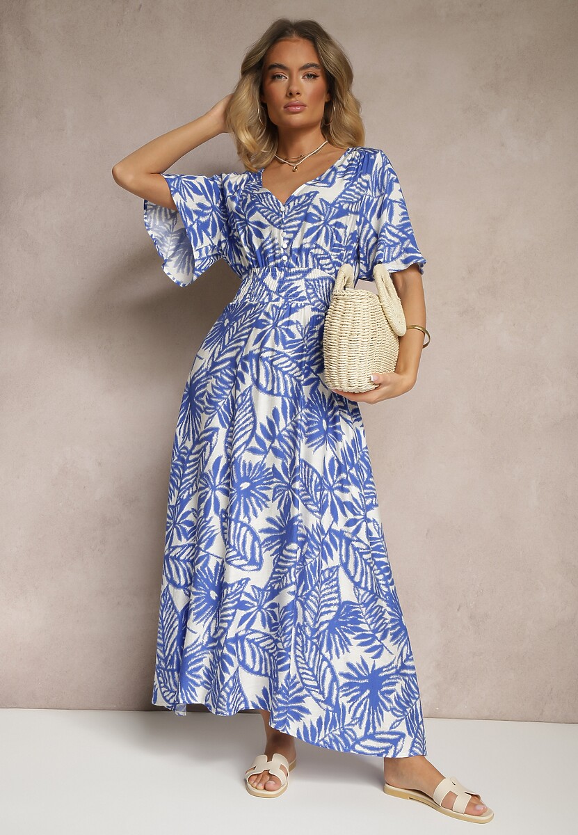 Niebieska Sukienka z Gumką w Pasie Ozdobiona Roślinnym Wzorem Charina