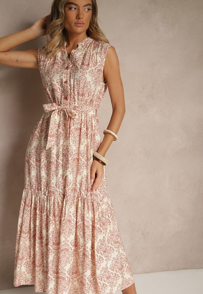 Różowa Sukienka z Wiskozy Bez Rękawów z Paskiem z Wiązaniem Filanesse