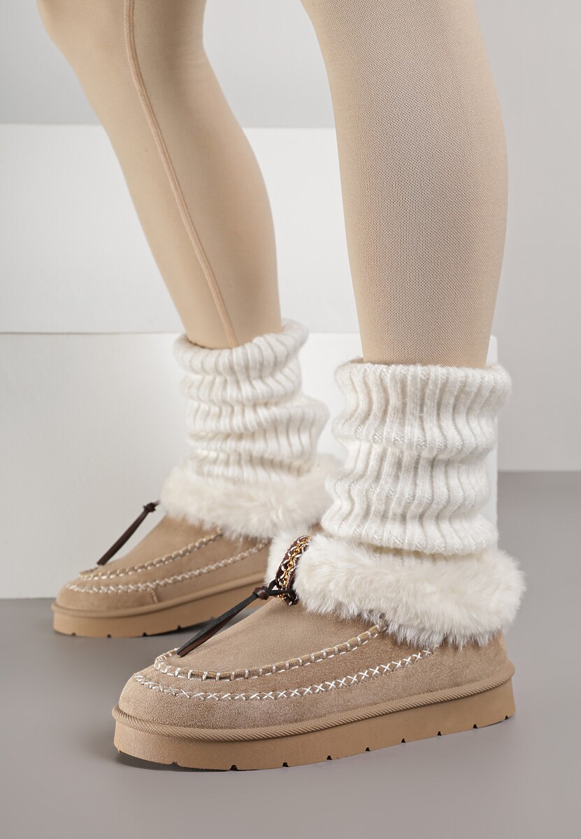 Ciemnobeżowe Śniegowce na Platformie Ozdobione Haftem i Futerkiem Linedis