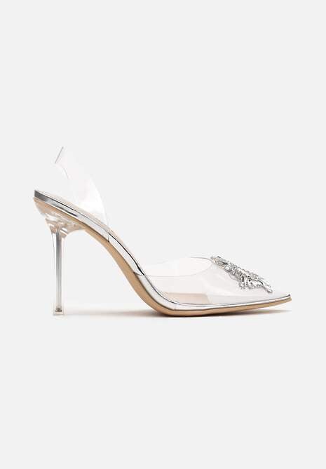 Srebrne Transparentne Sandały na Obcasie z Silikonowym Noskiem z Biżuteryjną Klamrą Groolia