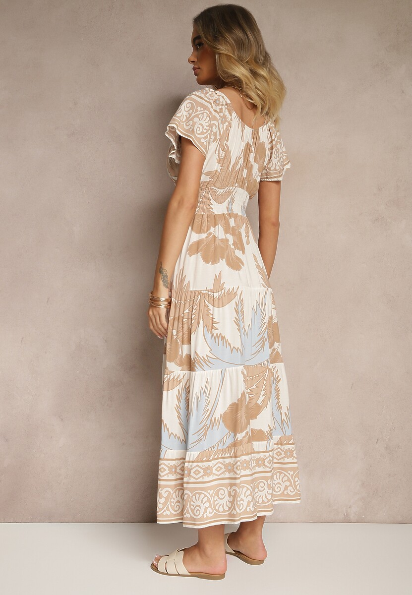 Jasnobeżowa Sukienka Rozkloszowana z Wiskozy w Boho Wzór Elliseira