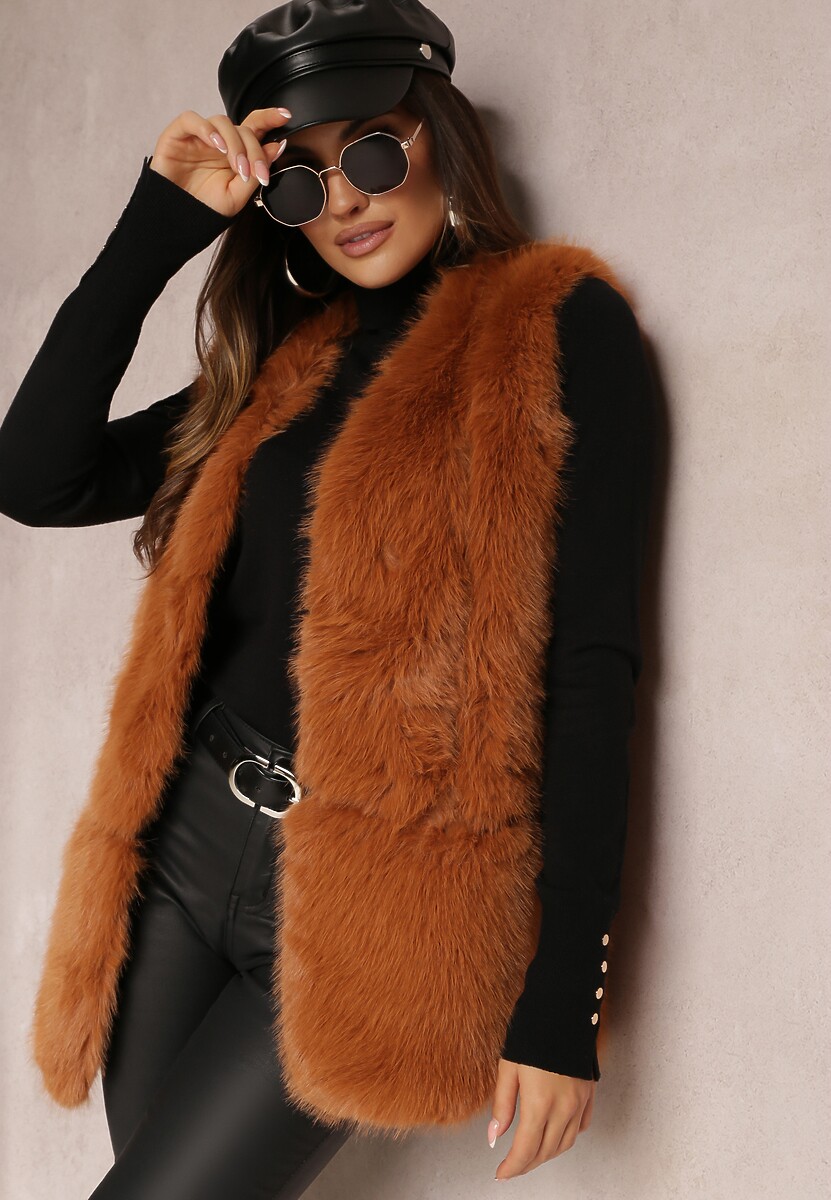 Jasnozielona Puchata Kamizelka z Futerka Ozdobiona Imitacją Skóry Tekllesa