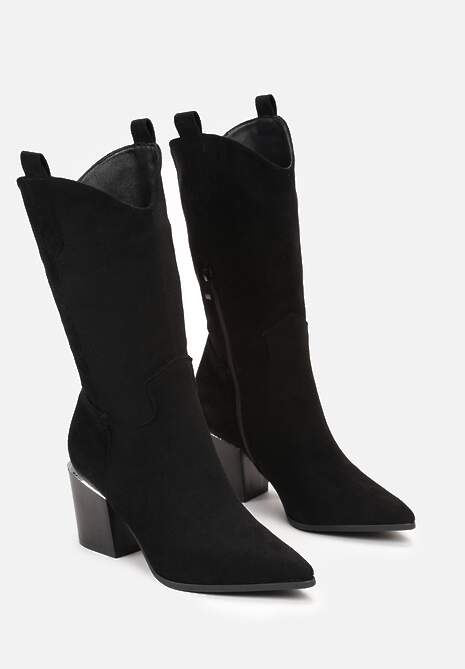 Czarne Botki w Stylu Kowbojek na Obcasie z Długą Cholewką Mabilla