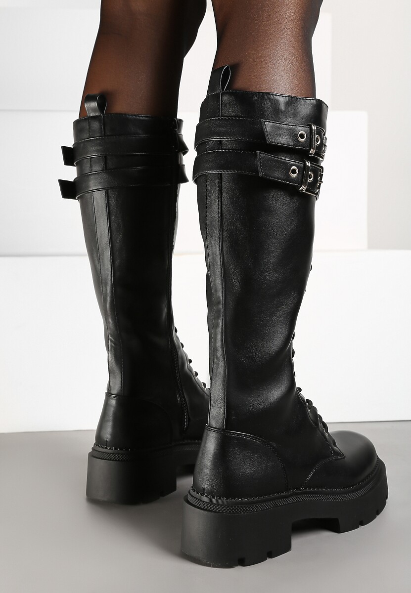 Czarne Sznurowane Kozaki na Platformie w Stylu Workerów z Paskami i Klamrami Asintoria