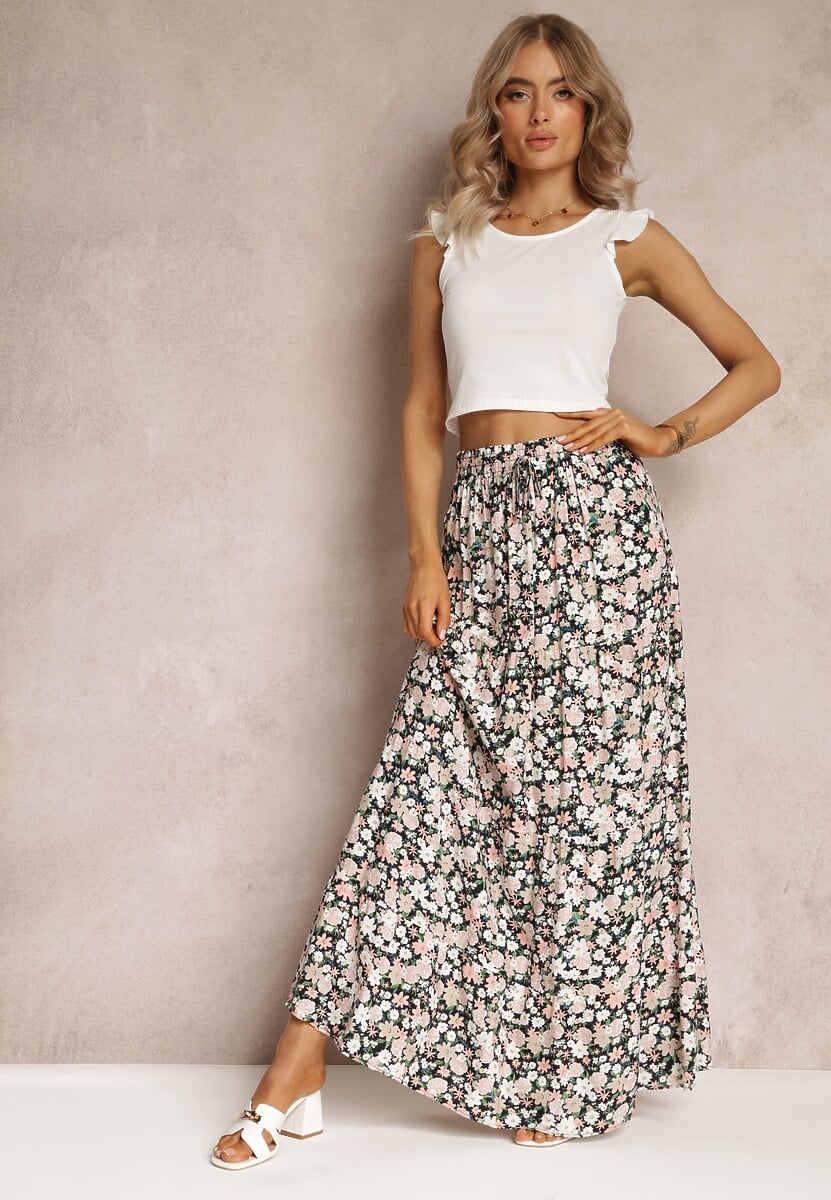 Czarno-Różowa Bawełniana Spódnica Maxi z Troczkiem i Printem w Kwiaty Yibji