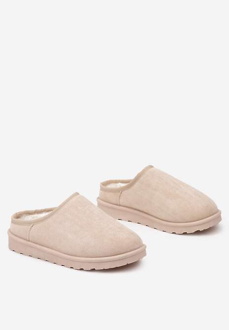 Beżowe Casualowe Kapcie na Płaskiej Podeszwie z Futerkiem Peccaria