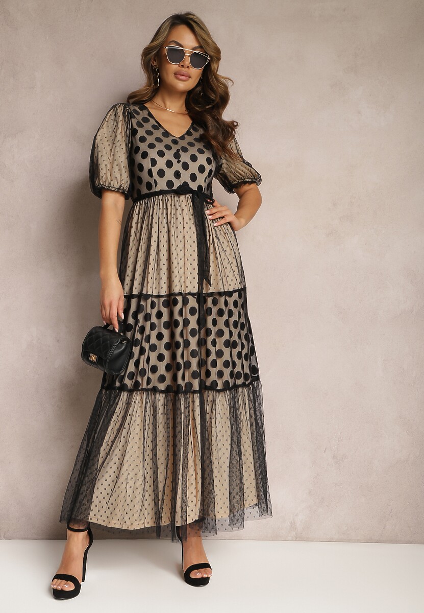 Beżowo-Czarna  Maxi Sukienka Tiulowa Rozkloszowana z Paskiem i Bufiastymi Rękawami Bervilla