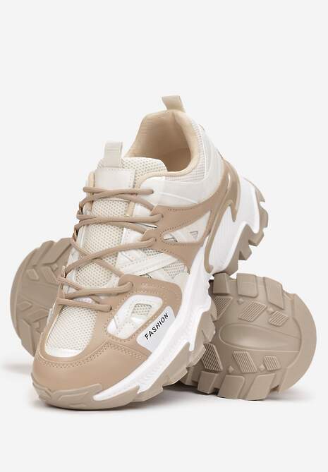 Beżowe Sneakersy na Tłoczonej Podeszwie Zdobione Licznymi Wstawkami Nilrocis