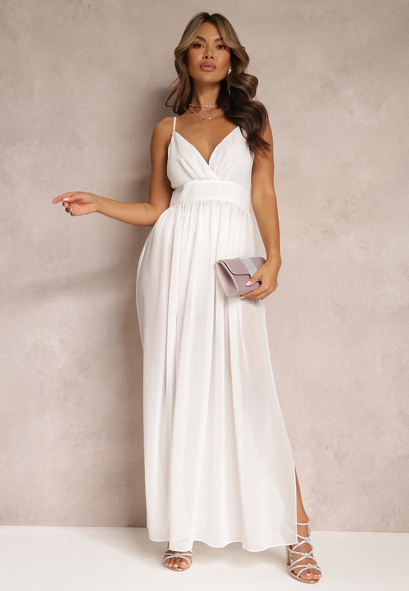 Biała Rozkloszowana Sukienka Maxi z Gumką w Pasie i Majtkami Medane