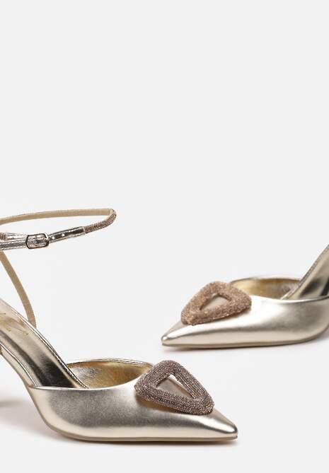 Złote Sandały Ozdobione Klamrą i Cyrkoniami na Obcasie Oplatane wokół Kostki Ellabis