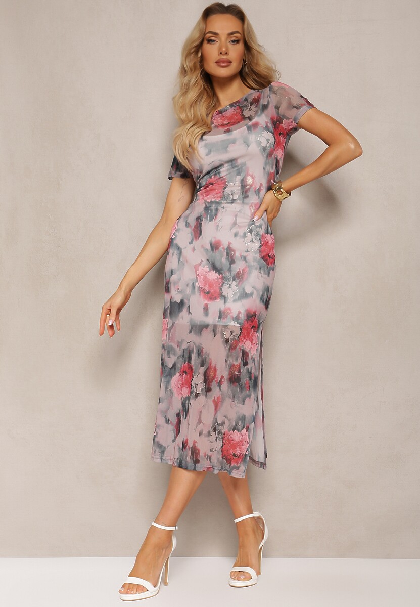 Beżowo-Zielona Dopasowana Sukienka z Przezroczystego Materiału Sacoma