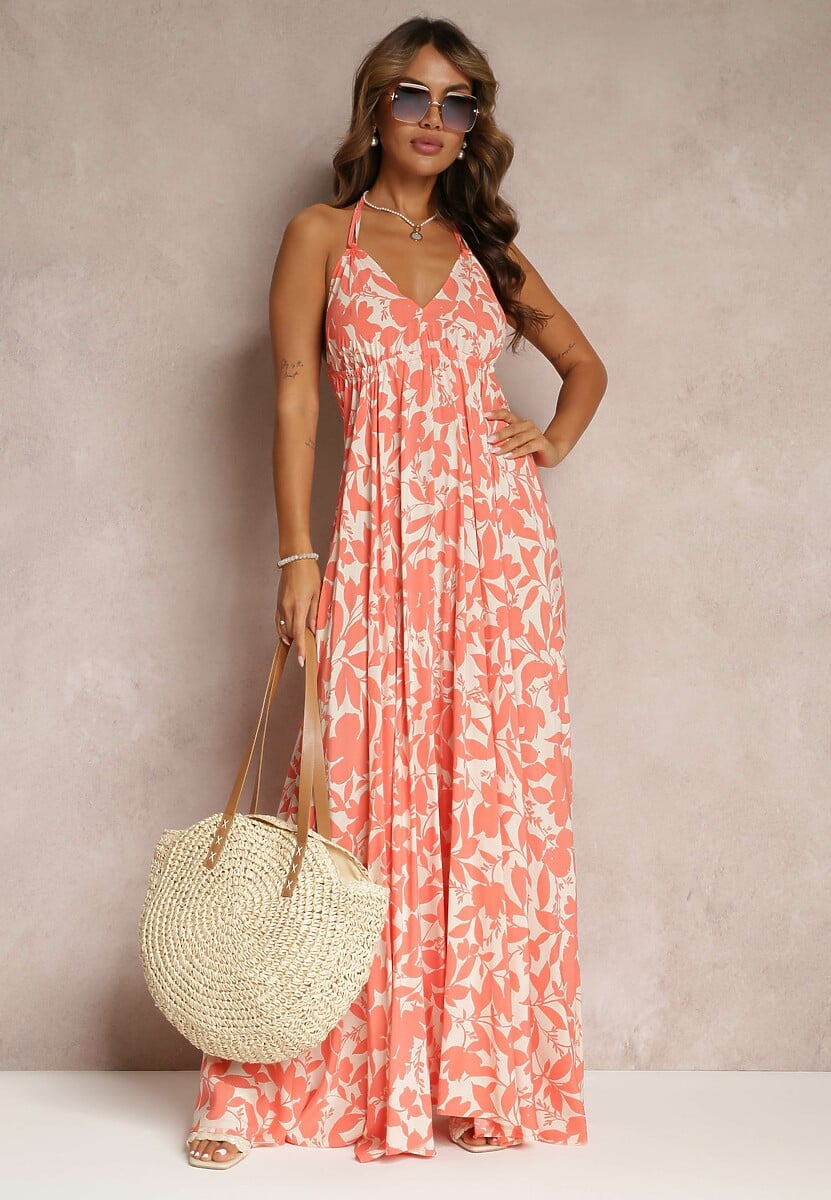 Pomarańczowa Wiskozowa Sukienka Maxi Wiązana na Szyi z Troczkiem w Pasie Zephira