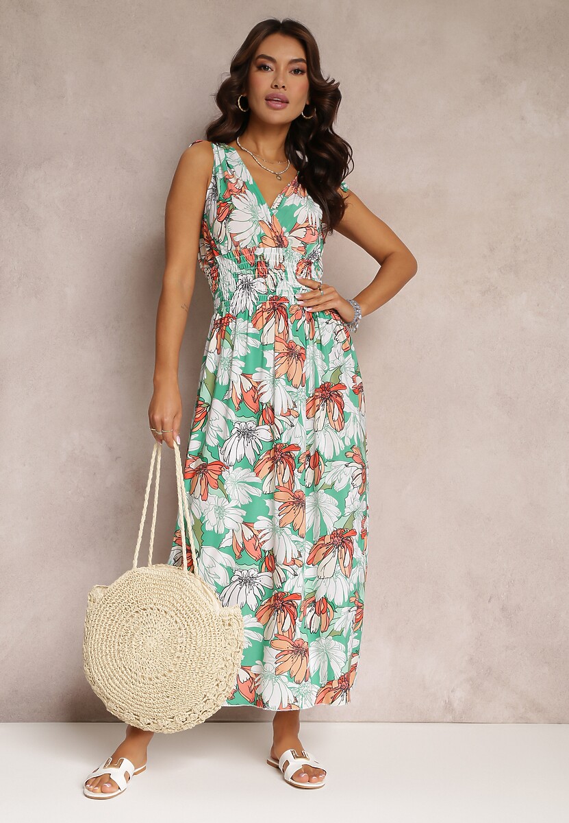 Zielona Rozkloszowana Sukienka Maxi z Gumkami w Pasie w Kwiaty Sasta
