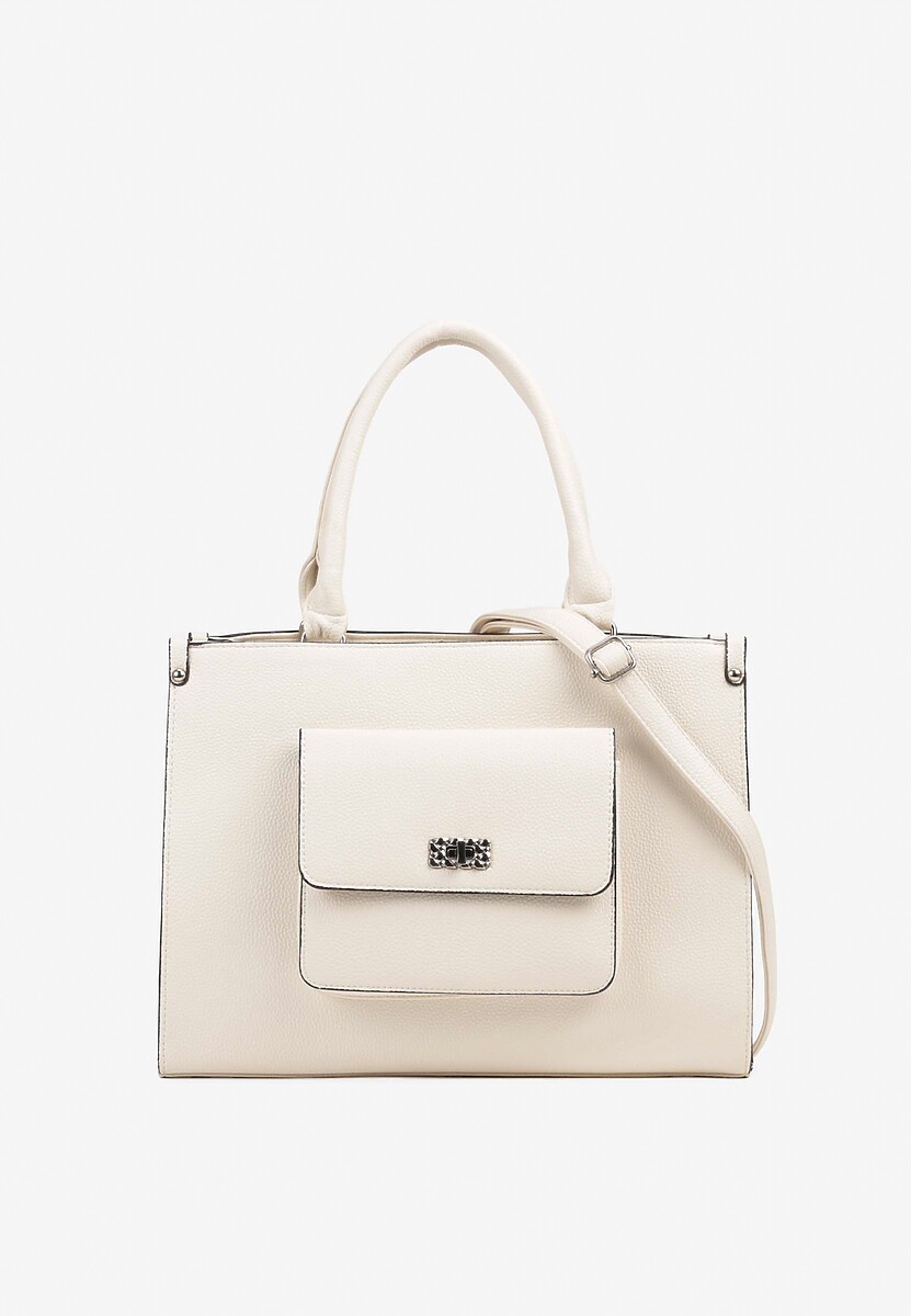 Beżowa Prostokątna Torebka z Kieszenią na Zewnątrz i Paskiem Tirseki