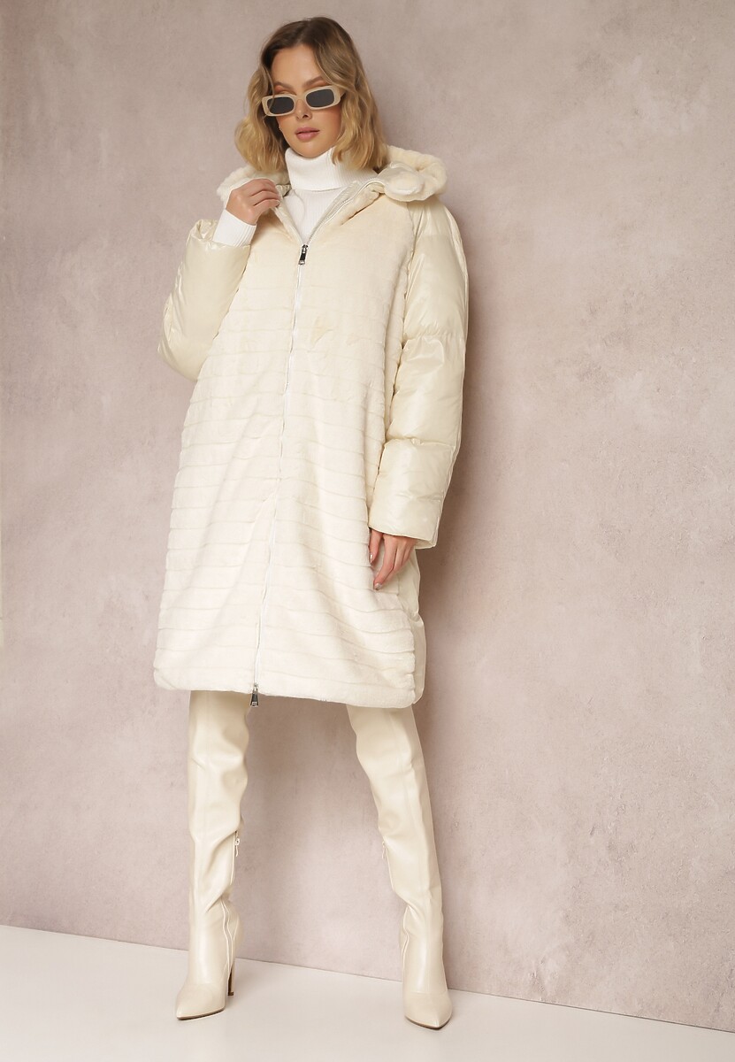 Jasnobeżowa Kurtka Futerko Pikowana z Kapturem Alysa