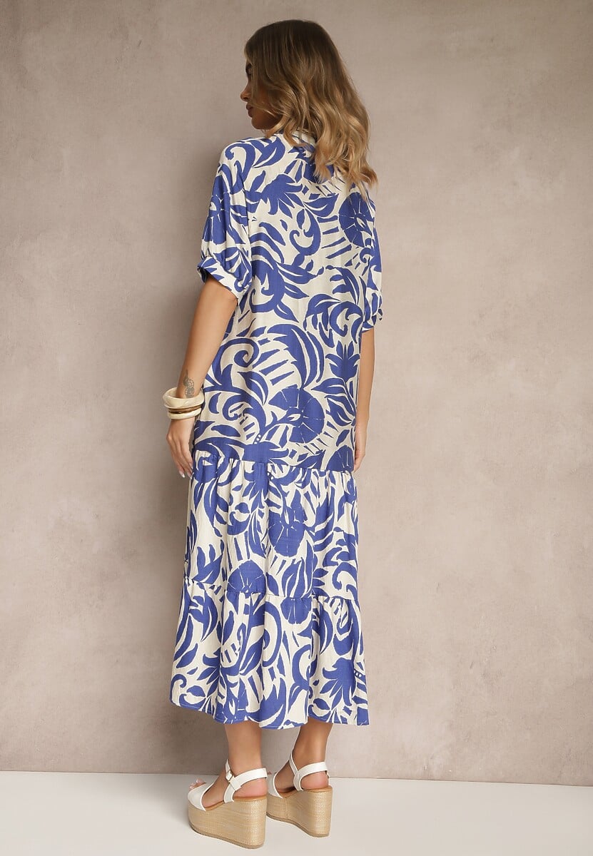 Niebieska Rozkloszowana Sukienka z Wiskozy Ozdobiona Falbaną Filesenia