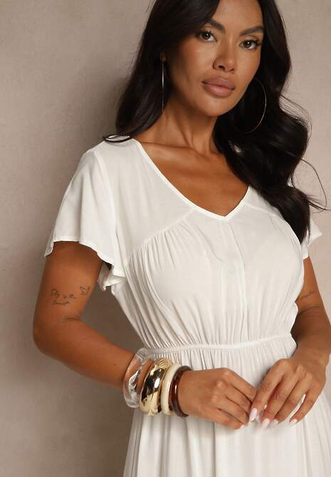 Biała Sukienka z Wiskozy o Rozkloszowanym Kroju z Falbanami Jonmy