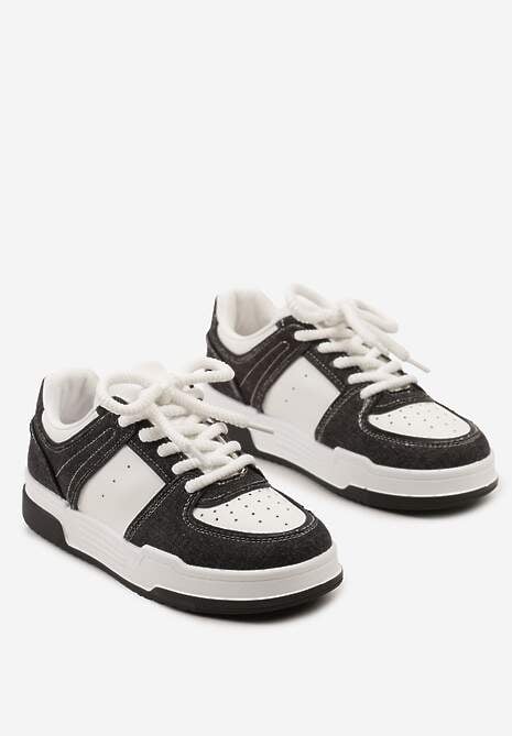 Czarno-Białe Sneakersy z Imitacji Skóry do Kostki ze Sznurowaniami na Grubej Podeszwie Ramara