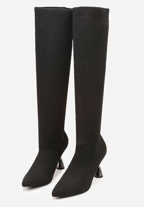 Czarne Kozaki Vices ze Skarpetkową Cholewką na Klepsydrze z Cyrkoniami Gioluna