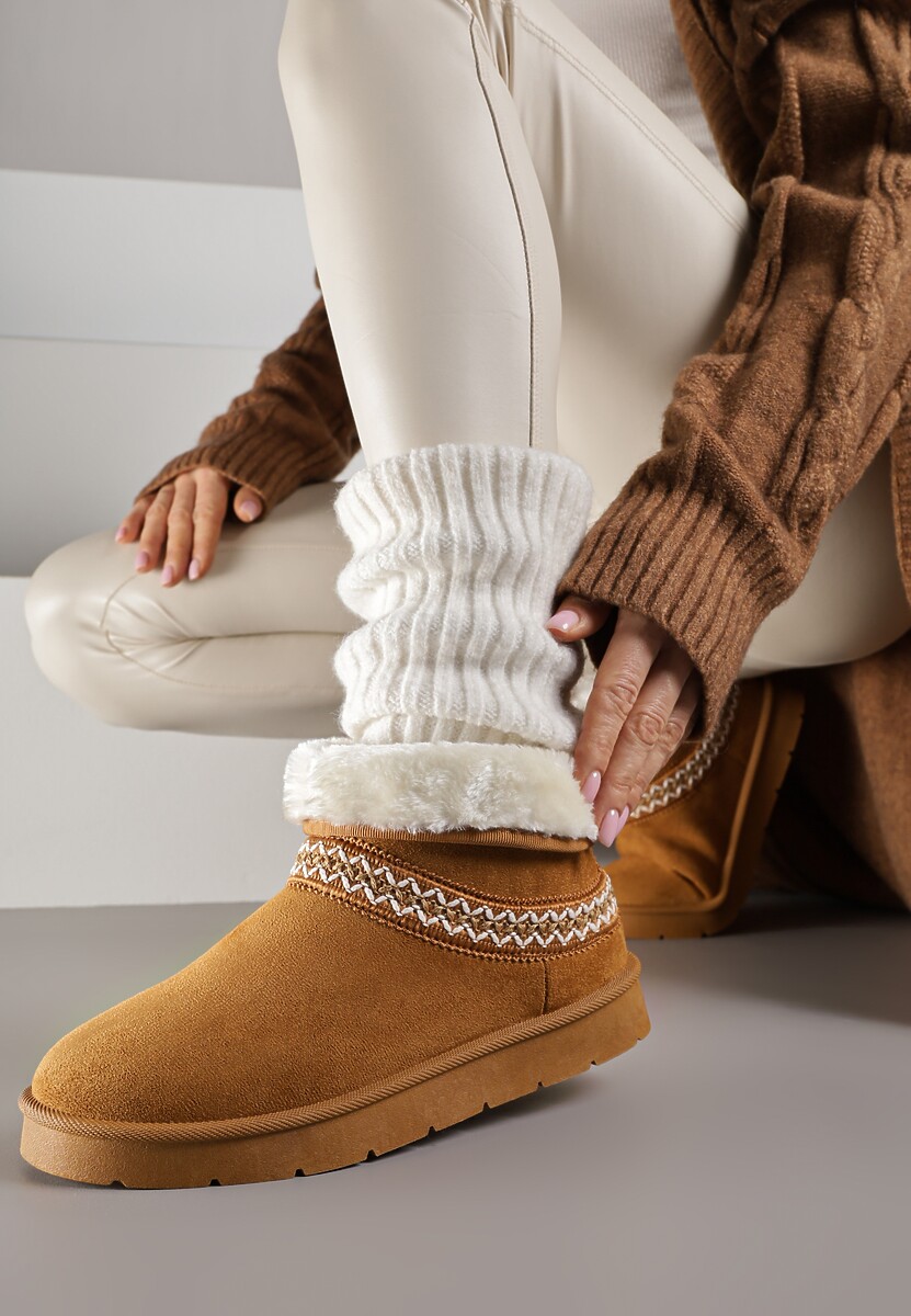 Ciemnobrązowe Rustykalne Śniegowce z Imitacji Zamszu z Haftem i Futerkiem Zetilda