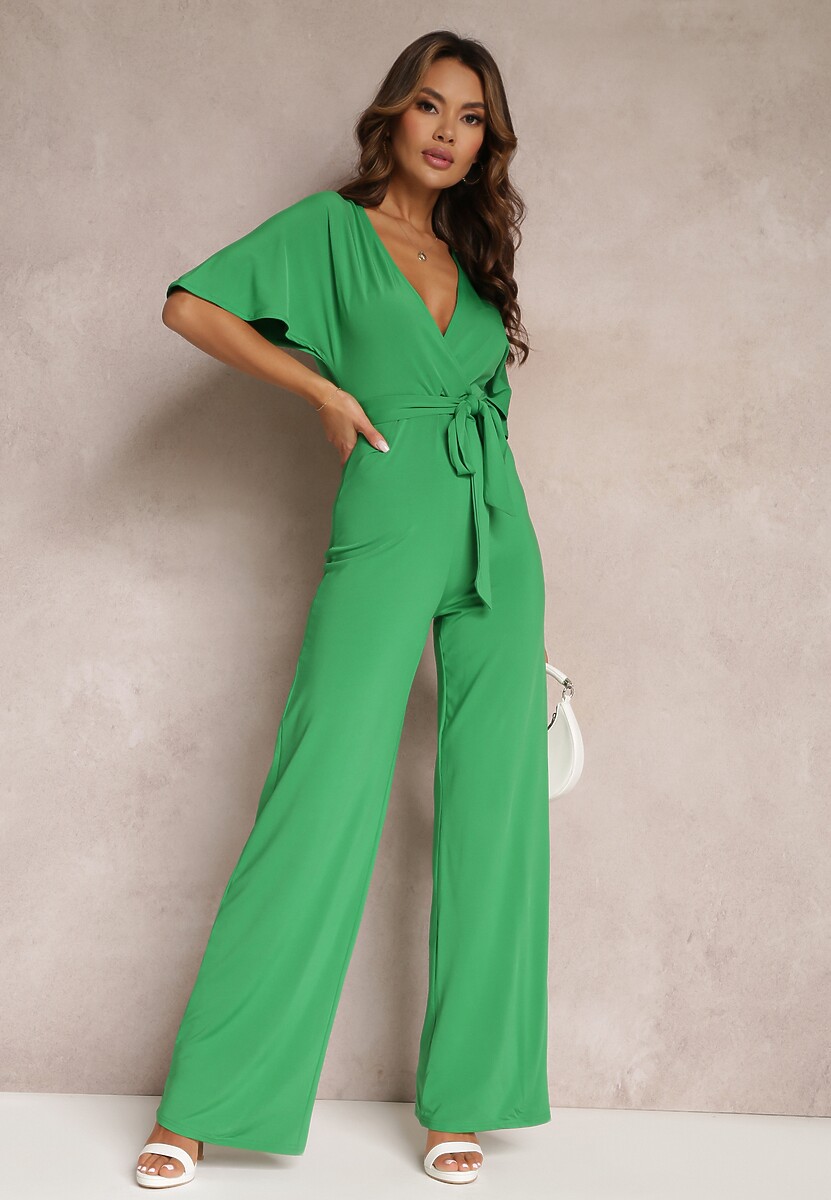 Zielony Długi Kombinezon z Wiązaniem i Głębokim Kopertowym Dekoltem Sumya
