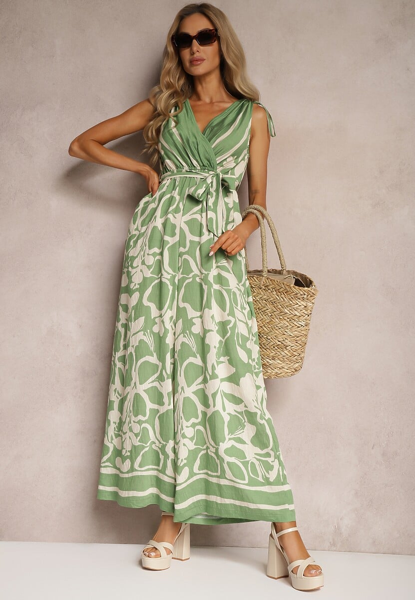 Zielony Kombinezon z Dodatkiem Wiskozy Paskiem w Talii i Kopertowym Dekoltem Paratia