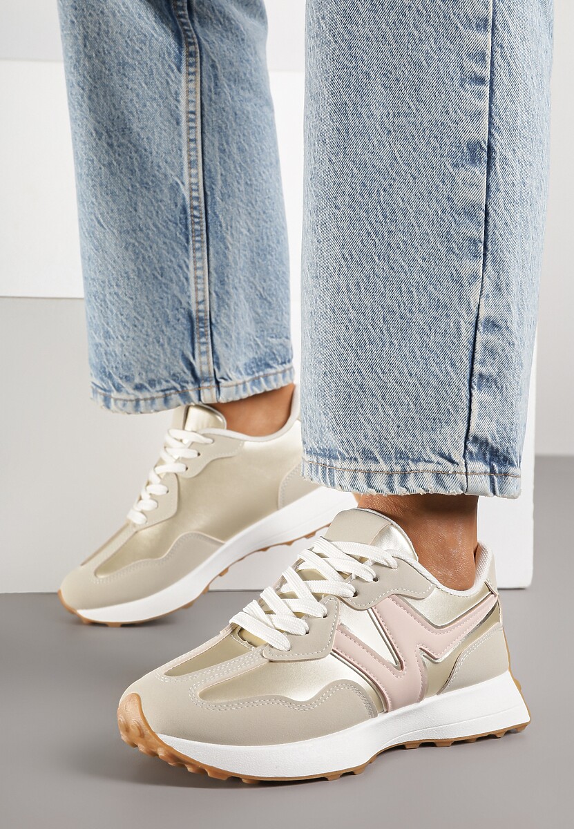 Złote Płaskie Sneakersy Ozdobione Geometrycznym Wzorem Rividi