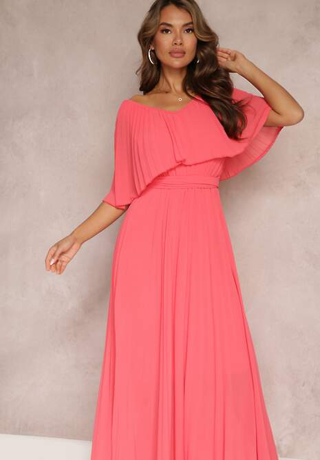 Różowa Plisowana Sukienka z Gumką w Pasie z Falbaną Przy Dekolcie Drenia