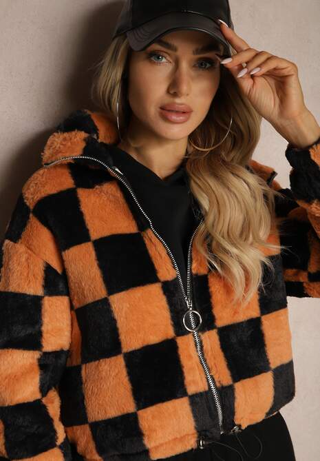 Czarno-Pomarańczowa Kurtka z Futerka Zasuwana z Kołnierzykiem w Kratkę Vitista