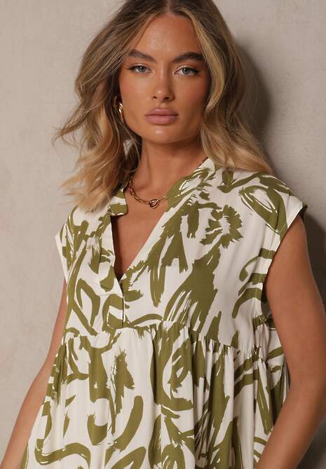 Zielona Sukienka z Bawełny Ozdobiona Abstrakcyjnym Motywem Lisovia