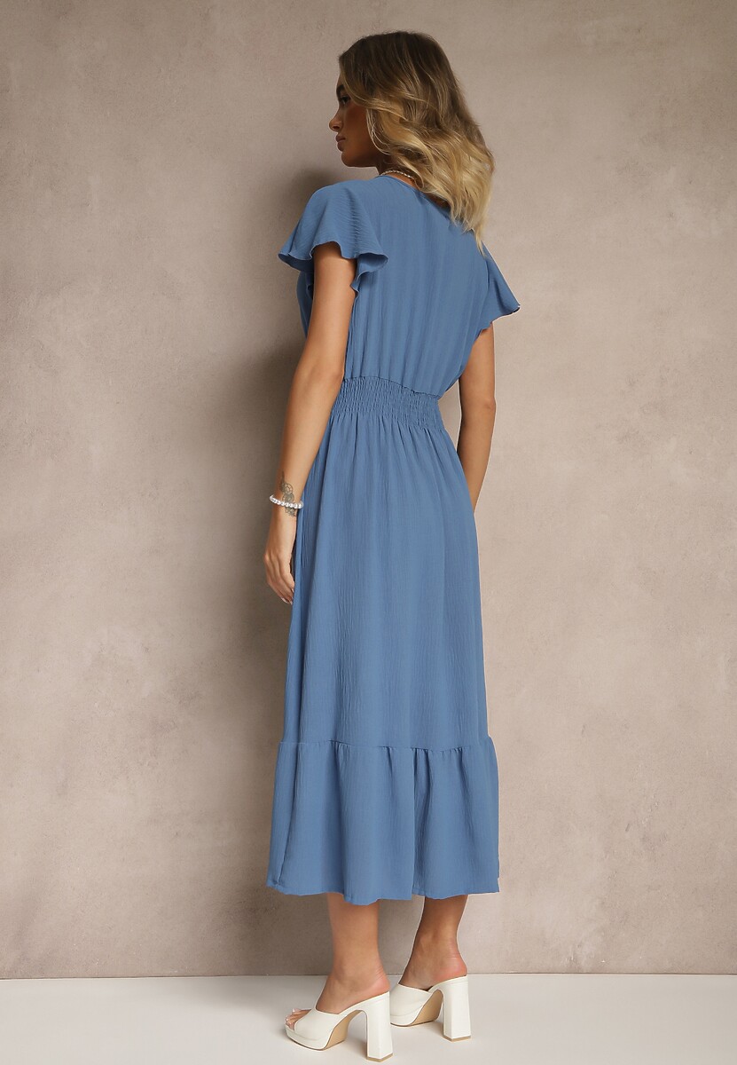 Niebieska Kopertowa Sukienka o Rozkloszowanym Fasonie z Gumką w Talii Reivione